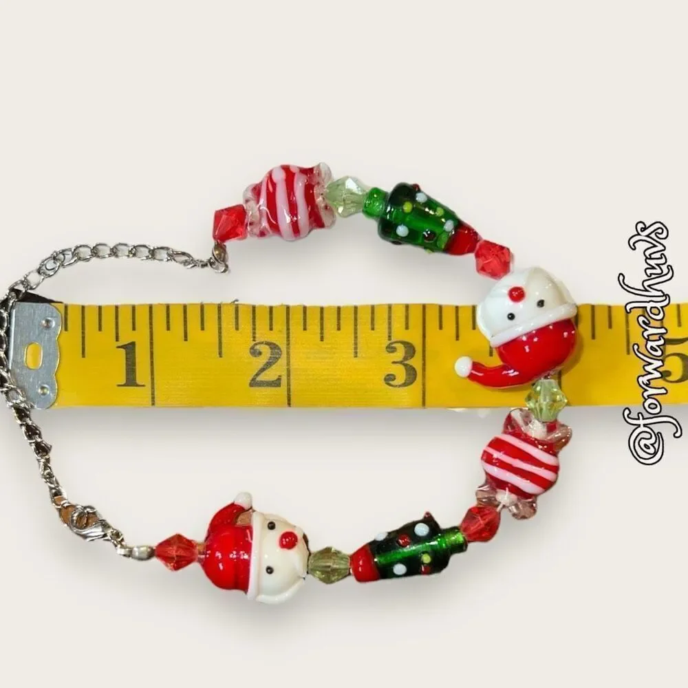 Glass Santa, Tree & Candy Beads On Adjustable Silver Tone Chain Bracelet